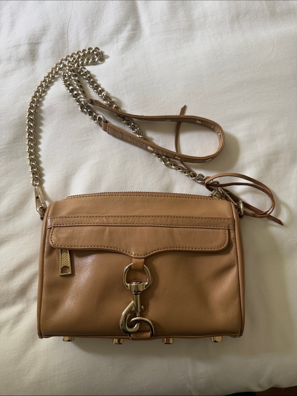Rebecca Minkoff Caramel Tan Leather Crossbody with Gold Chain Strap
